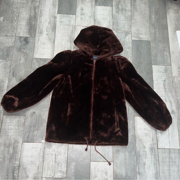 Vintage 70s Faux Fur Coat Brown Hood Full Oversized Jacket Bubble Sleeve Loeve M - Picture 3 of 16